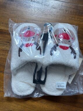 Cozy White Slipper Socks with Red & Brown Sock Monkey Face